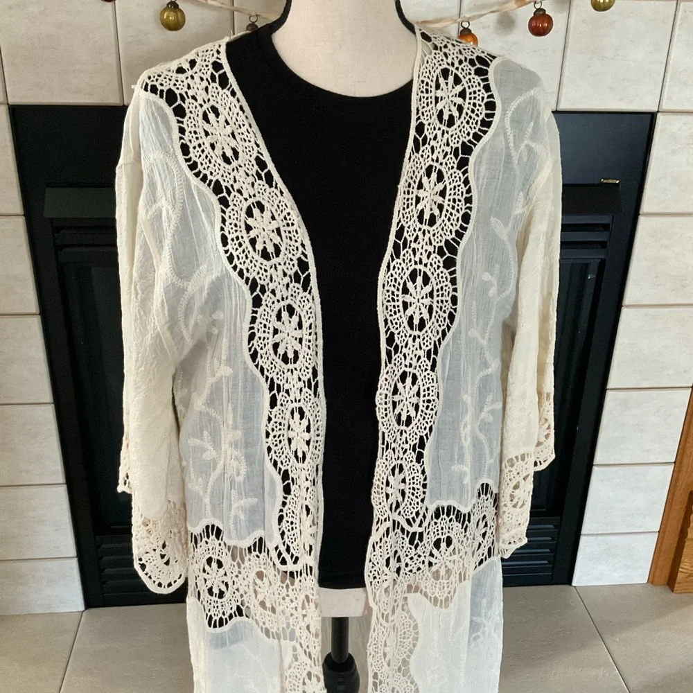 Crochet Open Weave Detail Longline Kimono, One Size Fits Most - Picture 2 of 11